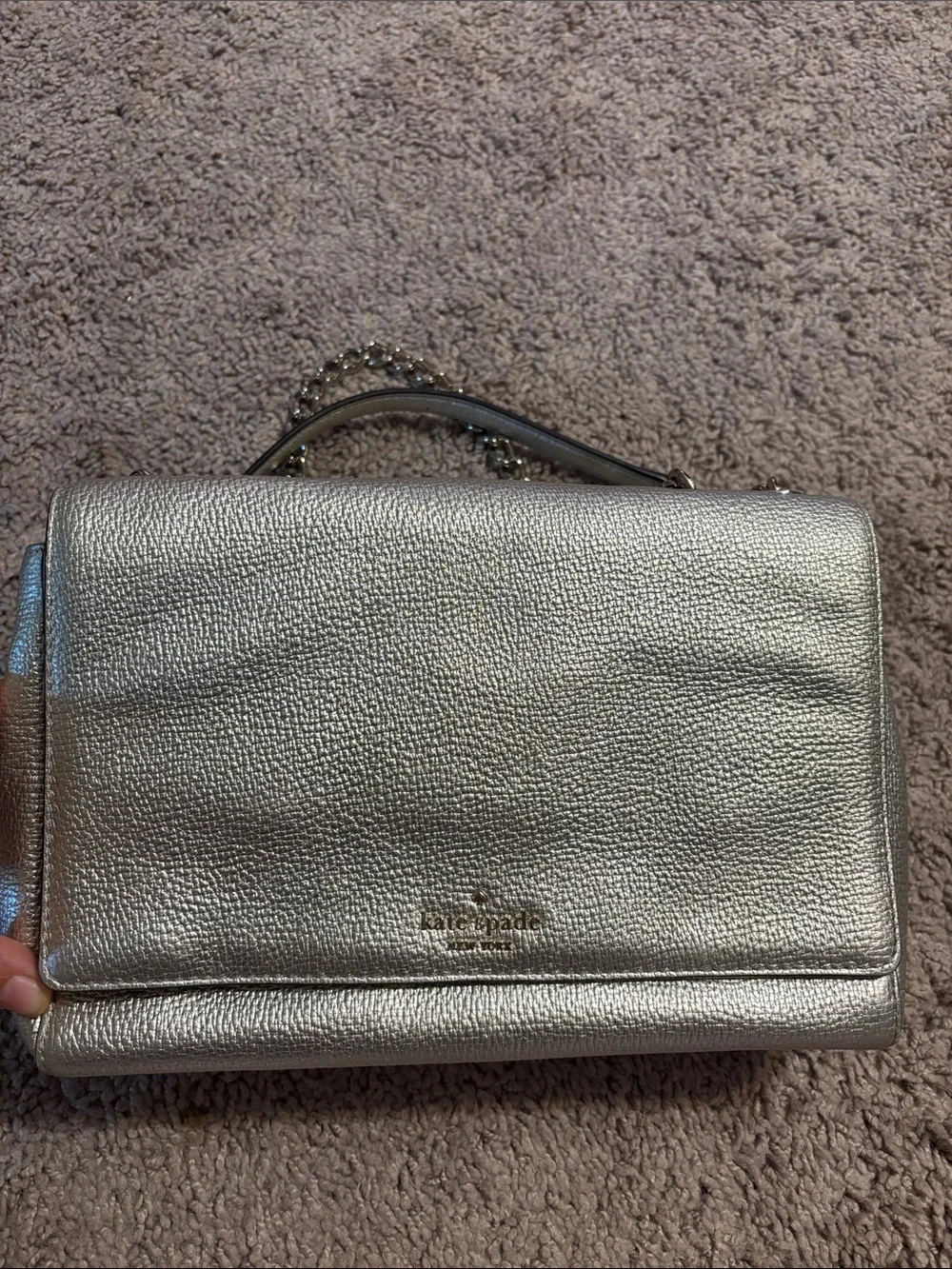 kate spade Metallic Silver Pebbled Leather Chain Shoulder Bag
